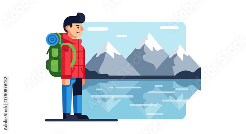 Adventurous Hiker Smiling at Mountain Scenery in Stunning, Flat Vector Landscape