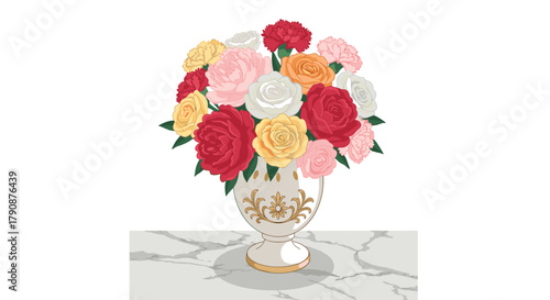 Elegant floral arrangement in ornate vase on marble surface
