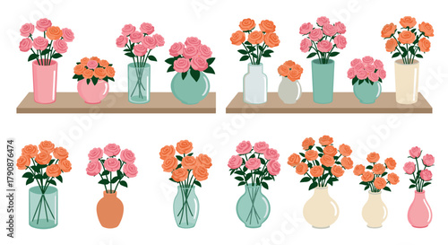 Colorful arrangements of roses in vases on a shelf