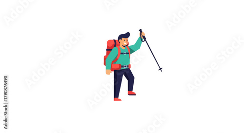 Adventurous Hiker Smiling While Walking Uphill With Trekking Poles and Backpack