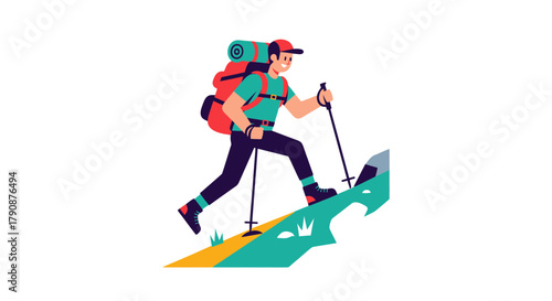 Adventurous Hiker Smiling While Embarking On An Expedition Trekking Uphill Vector Illustration