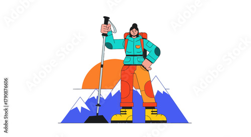 Adventurous Hiker Standing Proudly On Top Of A Mountain With Sunset In The Background