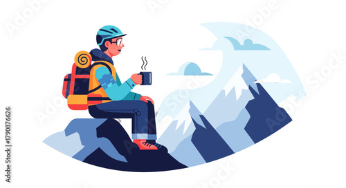 Adventurous Hiker Taking a Break and Enjoying Coffee on a Mountain Peak