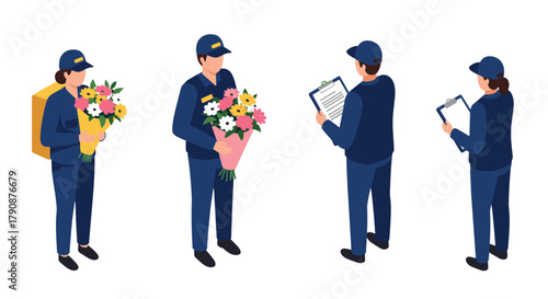 Couriers delivering flowers and packages in isometric style