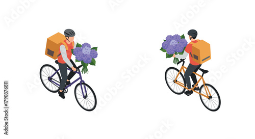 Urban cyclist delivering flowers modern isometric design in city landscape