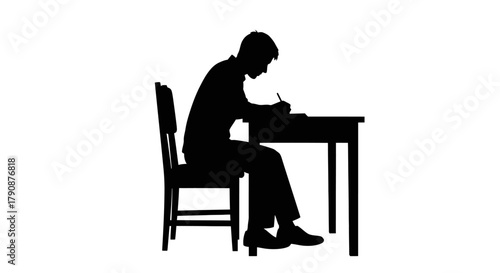 Silhouette of a man seated at a desk deeply focused on writing
