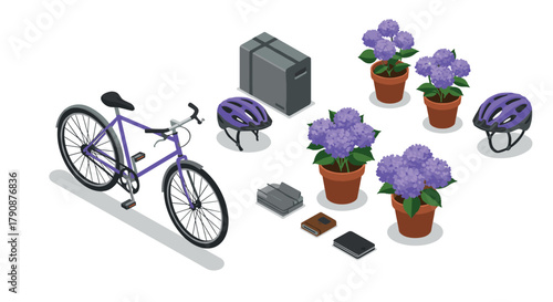 Isometric bicycle and garden elements with books and helmets on white background