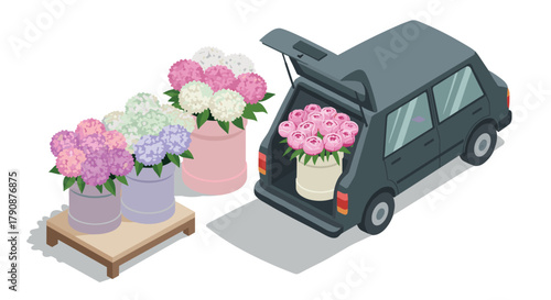 Isometric floral delivery scene with hydrangeas and roses in a car trunk