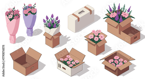 Assorted flower bouquets in boxes and gift bag on white background