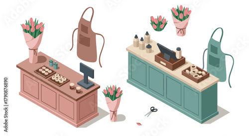 Cozy coffee and flower shop with aprons and baked goods in isometric style