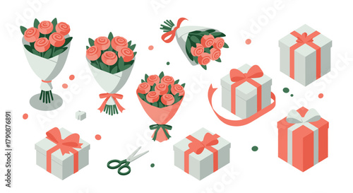 Elegant gift and flower arrangement with roses and wrapped presents in isometric style