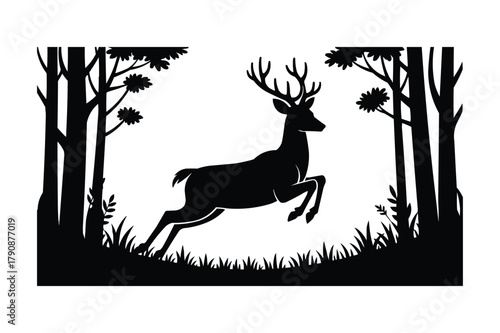 Silhouette of a majestic stag leaping through a forest clearing