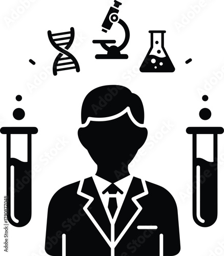 Black silhouette of scientist with D N A microscope and test tubes helix