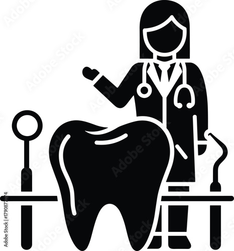 Dentist with dental tools and large tooth icon medical