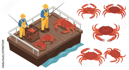 Isometric fishermen engaged in crab catching detailed dock and ocean imagery