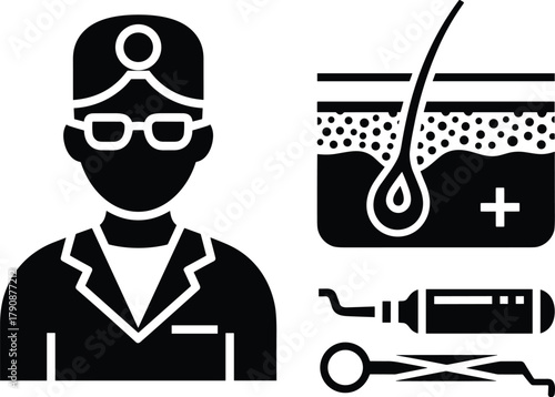 Dermatologist icon with skin layer hair follicle and dental tools doctor medical