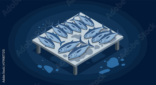 Isometric fresh fish display on market table with blue background