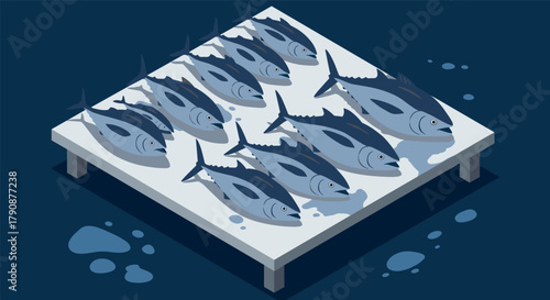 Isometric fish market display with tuna on table in deep blue tones