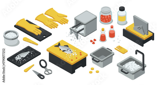 Isometric kitchen scene with cooking tools and fish preparation in contemporary style