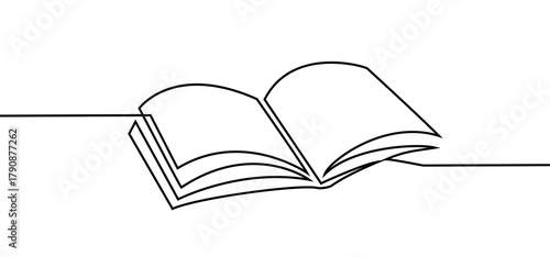 Open book outlines with clean, continuous black one line with pages spread for education, books shop, online learning