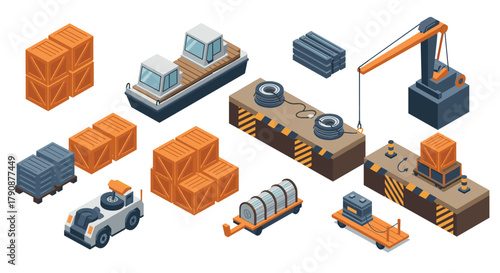 Isometric industrial warehouse with cranes, containers, and pallets