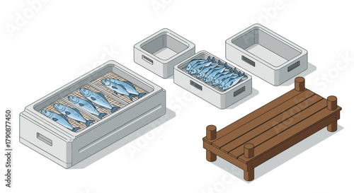 Isometric fish drying on bamboo mats in plastic trays with wooden platform