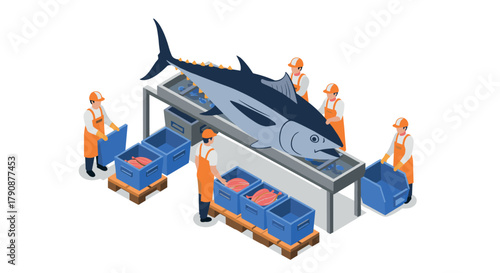Isometric tuna fish processing with workers in orange uniforms