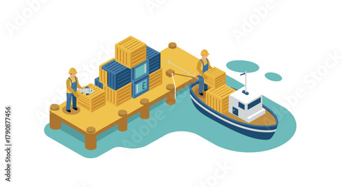 Isometric cargo shipping at dock with workers and containers