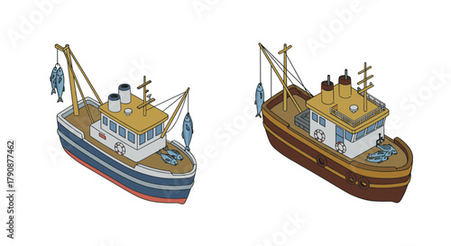 Isometric fishing boats with catches on deck in nautical style