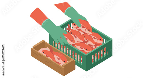 Isometric fish market scene with colorful fresh fish in wooden and plastic boxes