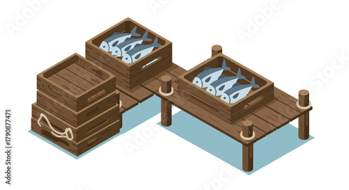 Isometric wooden crates with fish on dock marine supply chain concept