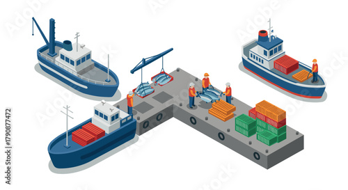 Isometric cargo ships at port dock with workers and containers