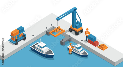 Isometric port scene with cargo ships, cranes, and workers loading containers