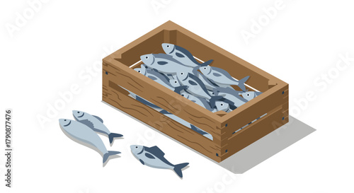 Isometric wooden box of fresh fish on white background