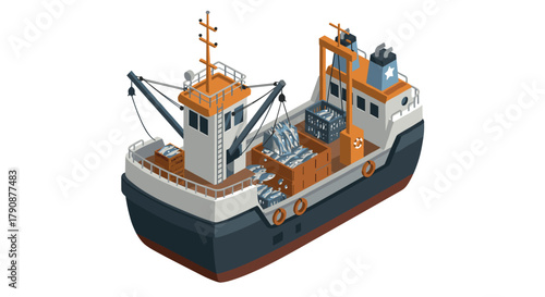 Isometric fishing vessel with crates of fish on deck