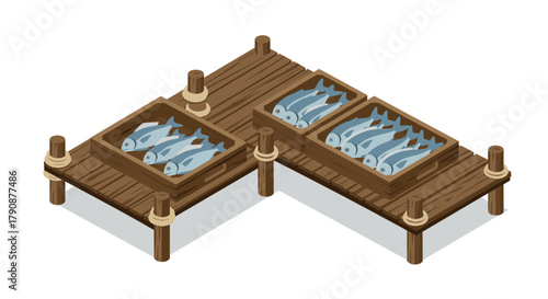 Isometric wooden pier with fresh fish in crates for sea market design