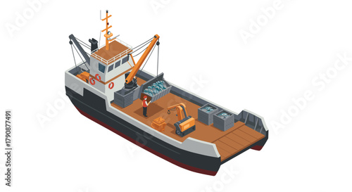 Isometric cargo ship with workers and equipment on deck