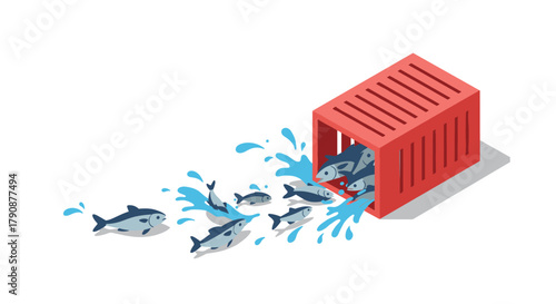 Isometric fish escape from red box with splashing water