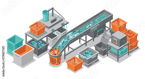 Modern isometric fish processing factory with conveyor belts and storage bins