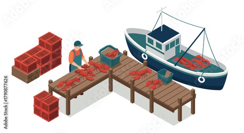 Isometric seafood market with lobsters and fishing boat on a dock