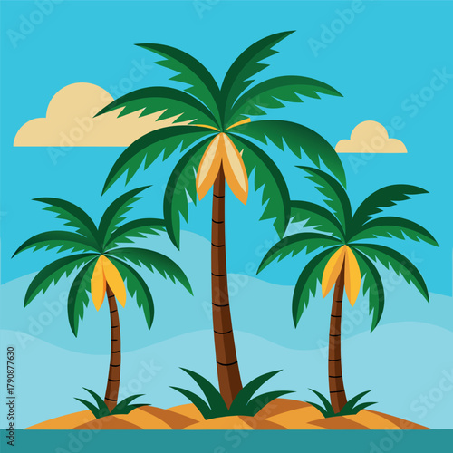 Tropical palm tree pattern with sunset colors and beach background