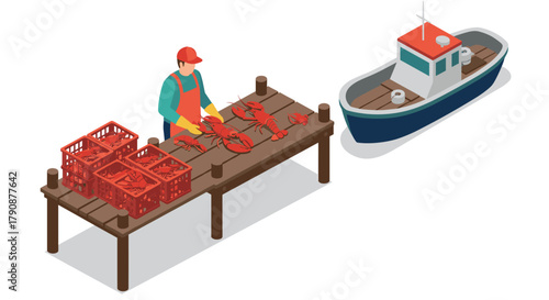 Isometric seafood market fisherman sorting crabs on pier with boat