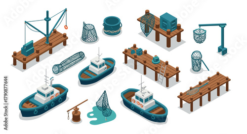 Isometric fishing boats and equipment illustration with docks and nets