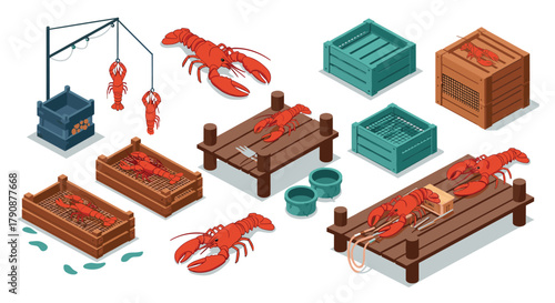 Isometric lobster fishing scene with traps and crates on white background