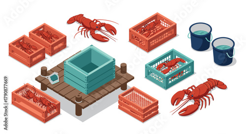 Isometric seafood market display with lobsters and crates