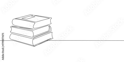 Stack of books in single continuous one line. Clean and modern design on a white background for education, books shop