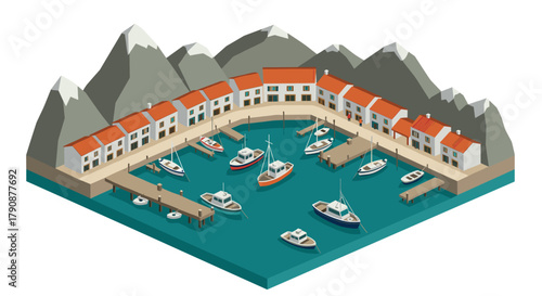 Picturesque isometric coastal village with boats and mountainous backdrop