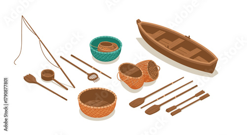 Traditional wooden boat and fishing gear in isometric style