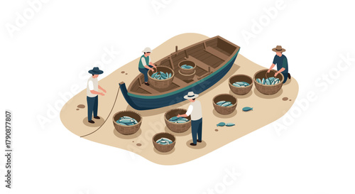 Isometric fishermen unloading boat with fish baskets on sandy beach scene