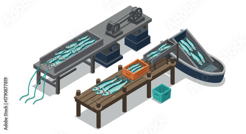Isometric fish processing setup with conveyor and boat elements